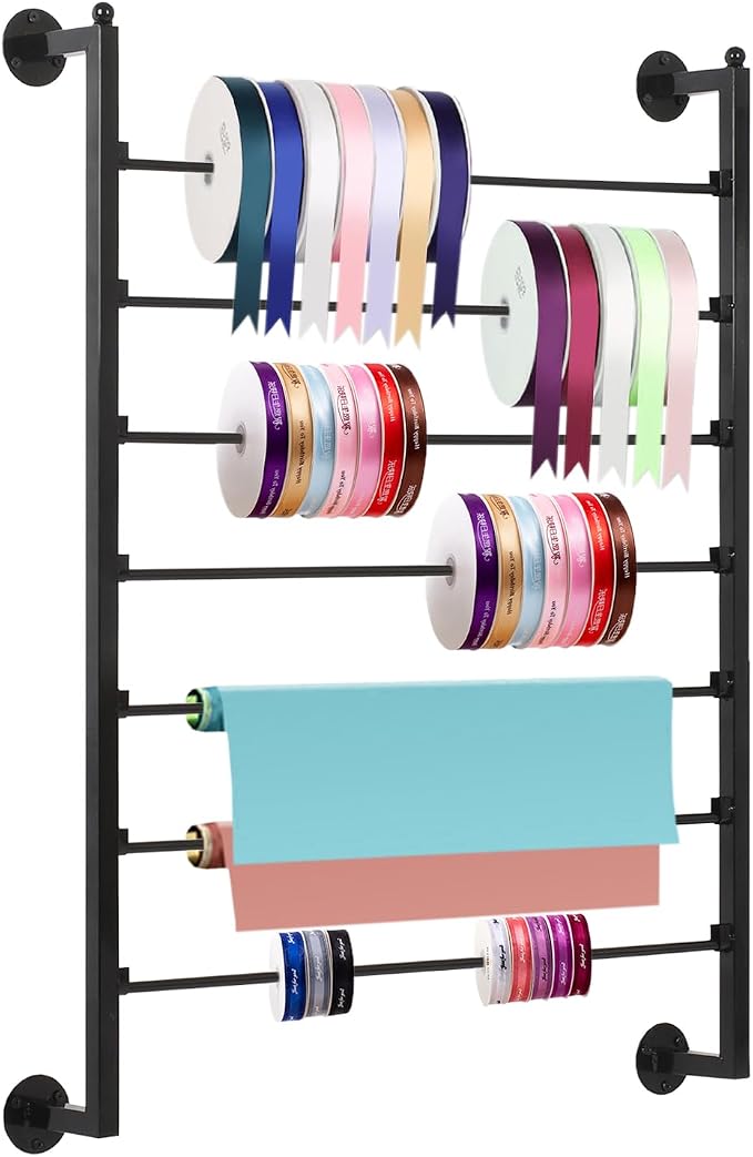 Yonynise Ribbon Storage Organizer,Wall Mounted Ribbon Holder Rack,7 Tier Large Capacity Metal Ribbon Storage for Craft Room,Flower Shop,Cake Shop,Gift Wrapping Paper,Black by Unknown