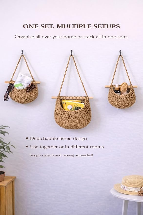 Hanging Wall Basket (3-Tier) Organizer – Cotton Rope Wall Storage for Bathroom, Kitchen & Nursery – Detachable Baskets + No-Drill Adhesive Hooks Included (Renter Friendly) - Image 6