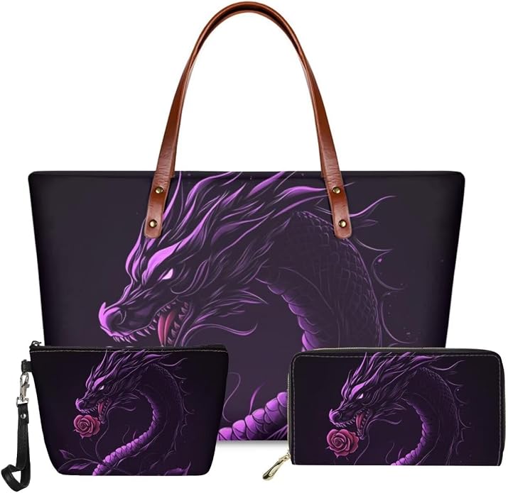 GIFTPUZZ Women Top Handle Bags Handbags with Zipper Leather Wallet Cash Card Phone Holder and Makeup Bag Set 3pcs by GIFTPUZZ