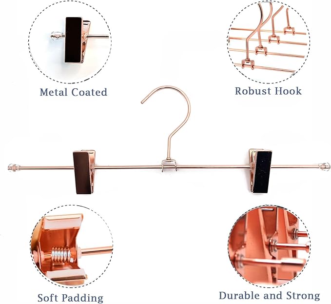13.8" Rose Gold Pants Clothes Hangers, 10 Pack Trouser Hangers with Clips Metal Trouser Clip Hangers,Heavy Duty Metal Wire Adjustable Clips Bottom Trousers Legging Organizer - Image 6