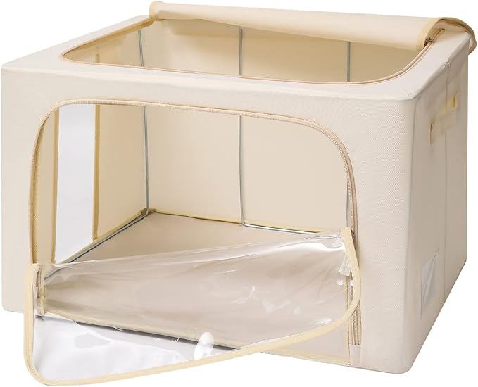 CYhom 3Pack Frame Storage Box - Clothes Storage Bin Bags Oxford Fabric Foldable Stackable Container Organizer Set with Clear Window & Carry Handles Large Capacity (Beige, Extra Large-100L) - Image 8