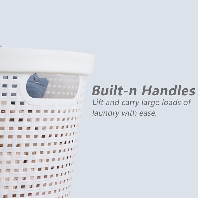 4 Pack 40L Plastic Laundry Basket, Stackable Hamper with Handles | White Laundry Storage Basket, Lightweight Design for Bathroom or Laundry Room, Easy Carry Grip - Image 3