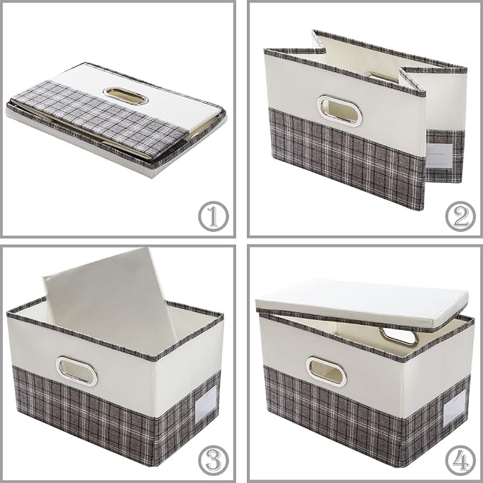 Large Collapsible Storage Bins with Lids [3-Pack] Fabric Foldable Storage Boxes Organizer Containers Baskets Cube with Cover for Home Bedroom Closet Office Gray plaid & Cream(17.7x11.8x11.8) - Image 4