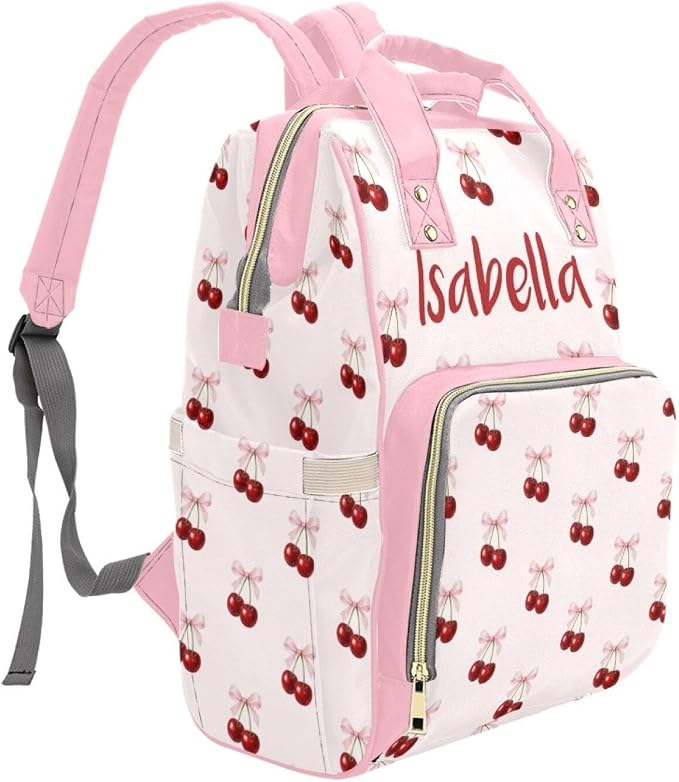 Custom Name Diaper Bag Backpack – Pink Bow with Cherry Personalized Baby Nappy Bag with Insulated Bottle Holders – Waterproof Large Capacity Travel Backpack Gift for Parents - Image 3
