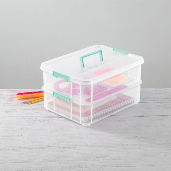 Sterilite 8-Pack Stack & Carry, 2 Layer Handle Box for Home & Office Storage - Clear Base & Lid with Color Latches, Organizer for Art & Craft Supplies, Sewing Tools or 8.5" x 11" Paper - Image 9