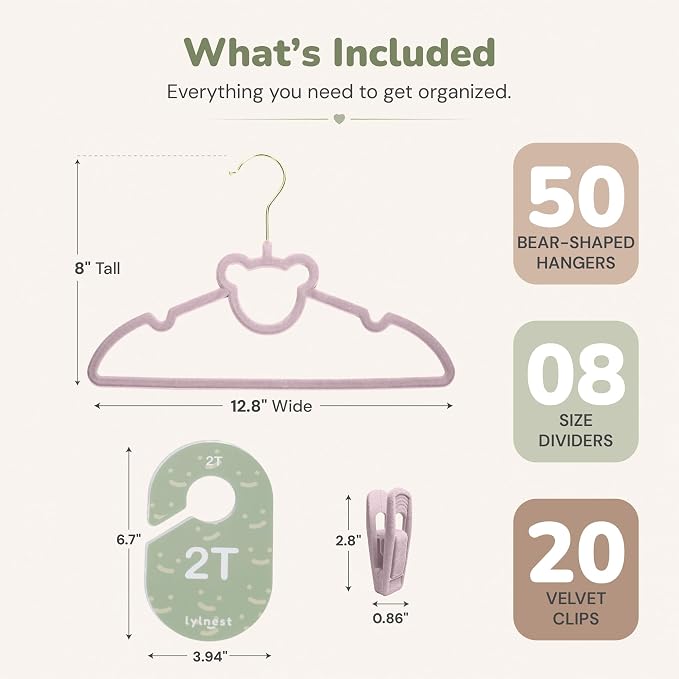 Velvet Baby Hangers with Clips & Size Dividers, 50 Pack | Organize baby clothes from newborn to 2T with 8 size dividers and 20 clips for outfits, pants, and growing wardrobes - Image 5