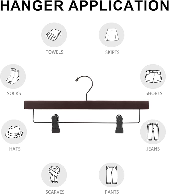 14" Wood Pants Hangers, Adjustable Non-Slip Clip, Dark Cherry, 12-Pack | Solid Wood Material, Bottom Hangers with 360° Swivel Hook, Space Saving Hangers for Skirts, Slacks, Trousers, Jeans - Image 6