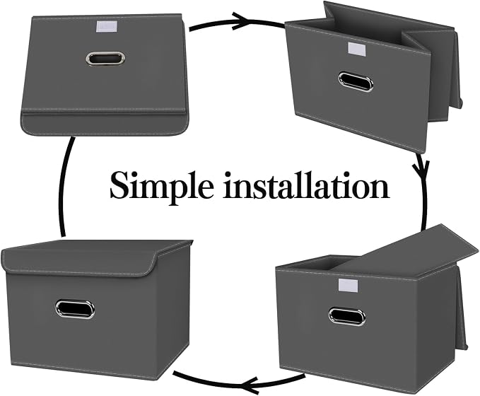 Fabric Foldable Collapsible Storage Cube Bin Organizer Basket with Lid, Handles, Removable Divider for Home, Closet (Grey, 6Pcs) - Image 6