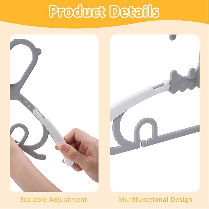 50 Pack Baby Hangers with 16 Clips 11-15 Inch Adjustable Kid Hanger Grey | Multifunctional Children Hanger for Girl Boy Toddler Kids Child - Image 5