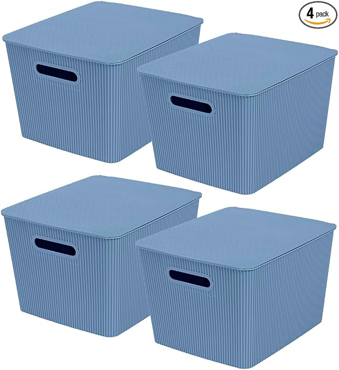 Glad Storage Baskets with Lids - Set of 4 Stackable Plastic Boxes with Handles - Decorative Shelf Organizer Bins for Bathroom and Closet, Blue, 4.7 Gallon by GladTrashFoodStorage