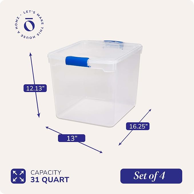 HOMZ Clear Plastic Storage Bins with Latching Lids, 31 Qt, Blue, 4 Pack | Stackable Container Set for Home, Office Shelves, Kitchen, Garage, and Bathroom Organization - Image 4
