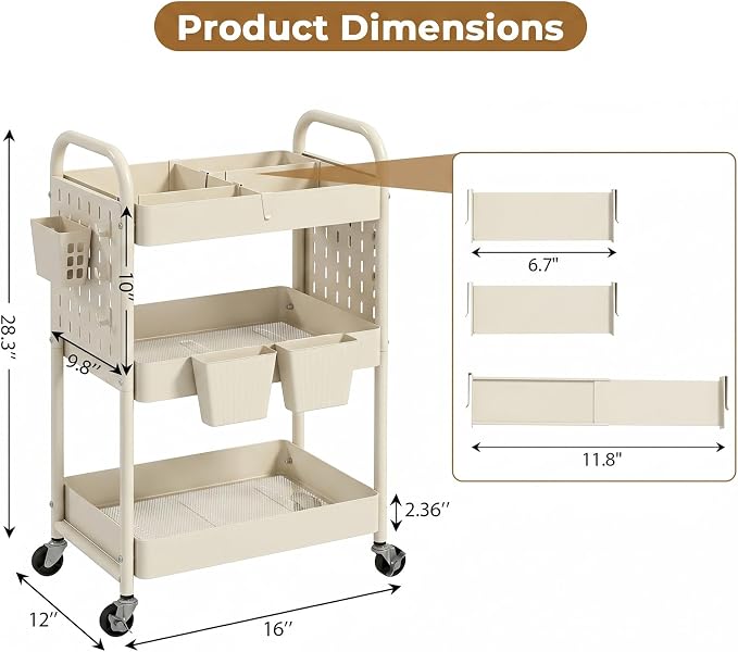 danpinera 3 Tier Rolling Cart with Retractable Dividers, Multi-Functional White Rolling Utility Cart with Pegboards, Hooks & Hanging Cups for Nursery, Living Room, Studio - Image 2