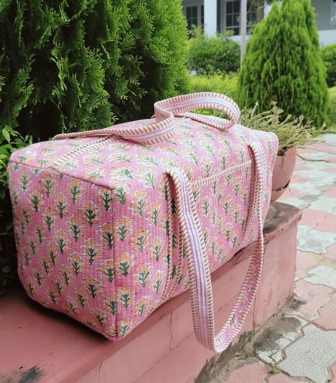 Cotton Floral Printed Quilted Duffle Bag Large | Hand Block Print, Weekender Bag, Shoulder Travel Overnight Bag, 20x10x10 Inches - Image 6