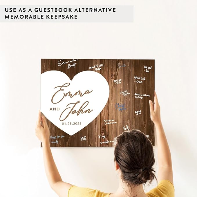Andaz Press Custom Large Canvas Wedding Guest Book Alternative, 16 x 20 Inches, Rustic White Heart Horizontal Personalized Sign Our Canvas Guest Book Signs for Wedding Rustic Boho Woodland Theme - Image 6