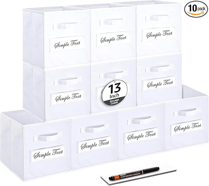 13x13x13 storage cube bins (Set of 10) Fabric storage cubes with 10 Labels Window Cards & a Pen, storage cubes 13x13, Collapsible 13 inch cube storage bins, Cubby Organizer Boxes, White by Artsdi