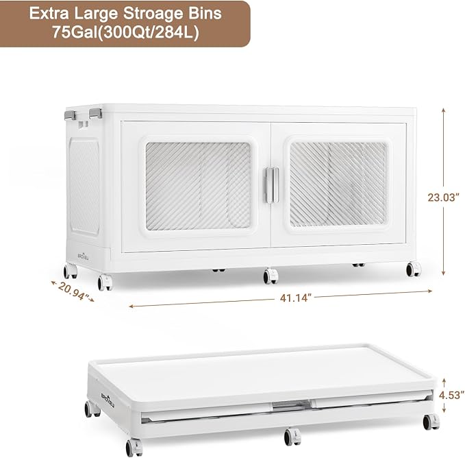 BROVIEW 300 Qt/75 Gal Stackable Storage Bins with Lids, 1 Pack, White | Large Stackable Storage Boxes w/ 1 Lid Folding Plastic Cart Organizer for Home Kitchen, Open Front Clear Door with Wheels - Image 2