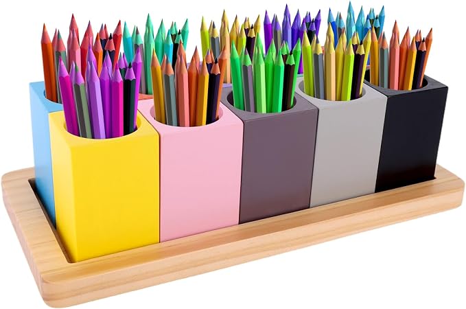 Wooden Colored Pencil Organizer, Desk Organizer (Pencils Not Included) | with 10 Colorful Cups for Home Office School Classroom Markers Crayons Pens Holder Storage by Diegimr