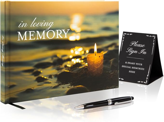 Candle Hardcover Funeral Guest Book - 9.5 x 7 Celebration of Life Guestbook for Memorial Service with 5x7 Paper Sign, Pen, Black Photo Corner Stickers by ModernAlbumDesigns
