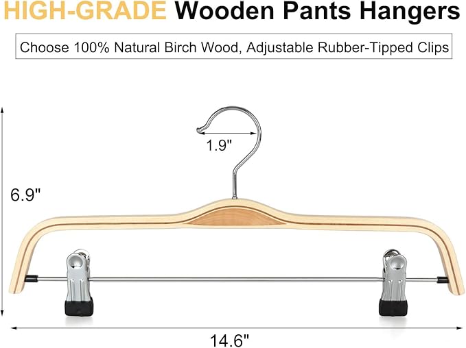 TOPIA HANGER Wooden Pants Hangers,Slim Natural Wood Skirt Hangers with Anti-Rust Hook and Adjustable Metal Clips, Perfect for Skirts, Pants, Slacks-10 Pack-CT17N - Image 2