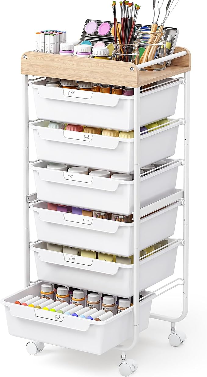 SYKIARIOL Rolling Cart with 6 Drawers,Art Craft Organizer and Storage,White | Utility Storage Cart with Drawers,Makeup Organizer With Wooden Tabletop by SYKIARIOL