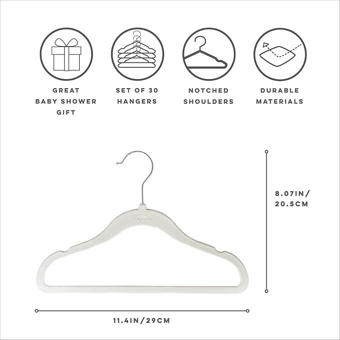 3 Sprouts Velvet Baby Hangers, Non Slip Slim, Green, 30 Pack | Non-slip velvet, Notched shoulders, 360-degree swivel hook, 11.75 x 8 in, Infant and toddler clothes, Soft colors for nursery - Image 2