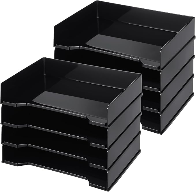 DoubleFill 8 Pcs Stackable Letter Tray Plastic Paper Tray, Black | 13 x 9.5 x 2.6 In, Rectangular, Paper Holder, File Tray for Desktop Office Desk Drawers by DoubleFill