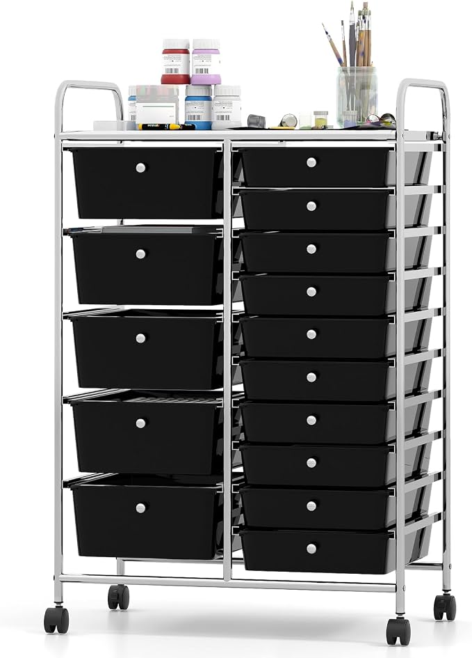 DREAMADE 15-Drawer Rolling Storage Cart, Mobile Craft Cart, Black | Utility Organizer with Lockable Wheels, Removable Plastic Drawers and Metal Frame for Home Office, Classroom and Studio by DREAMADE