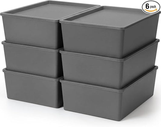 6 Pcs Plastic Storage Bins with Lids Stackable Storage Containers Durable Box Baskets for Organizing Shelves Playroom Classroom Office (Large,Grey) by Menkxi