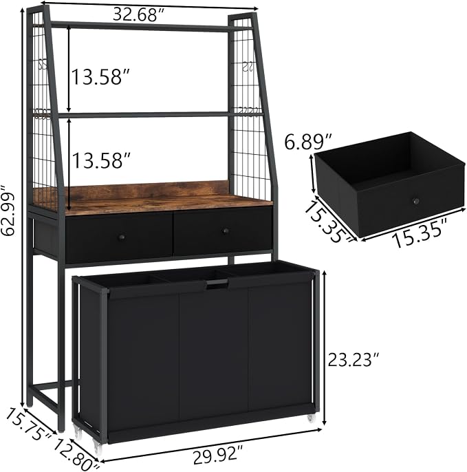 STIKELY Laundry Hamper Laundry Basket with 3 Section Pull-Out Rolling Bags & 2-Tier Storage Shelf, Laundry Sorter for Organization and Storage with 2 Drawers for Laundry Room, Bathroom - Image 7