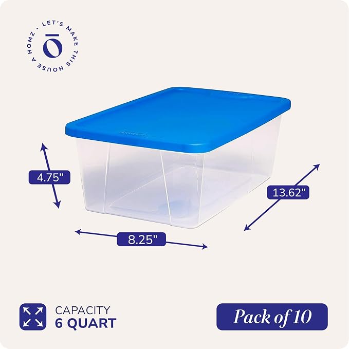 HOMZ 10-Pack Snaplock, Small Clear Plastic Storage Organizer Bins w/Lids, 6 Quart, Blue - Stackable Container Boxes for Bedroom, Bathroom, Garage, and Office Organization - Image 4
