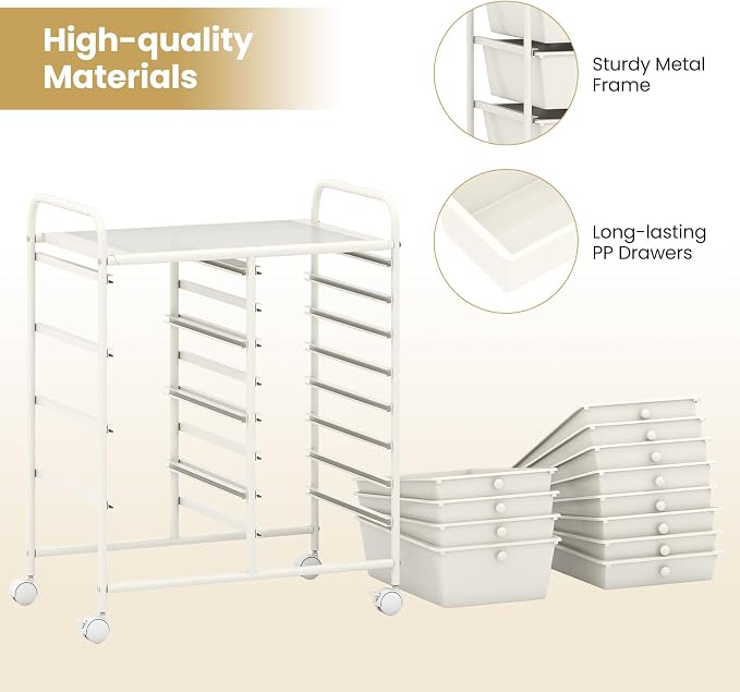 RELAX4LIFE 12-Drawer Rolling Storage Cart - Mobile Utility Drawer Carts | White Metal Frame & Drawers, Rolling Mobility Wheels; Craft Storage For Classroom School Home Office Utility Organization - Image 6