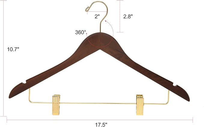 Quality Hangers Quality Wooden Skirt Hangers with Clips 80-Pack Walnut Pants Adjustable Gold Metal Clips, Swivel Hook, Coat, Jacket, Blouse Suit (Walnut - 80) 17.5'' inch - Image 7