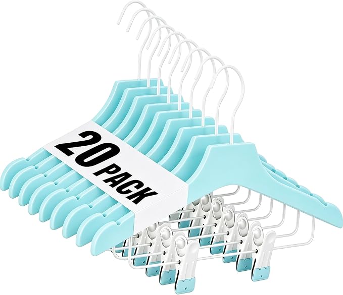 Blue 12.7" Ultra-Thin Wooden Children Closet Clothes Clips Hangers 20PCS Wood Baby Kids Coat Hangers for Infant Toddler Newborn Jumpsuit Pants Skirts Jeans Space Saving Heavy Duty Durable by HELEE