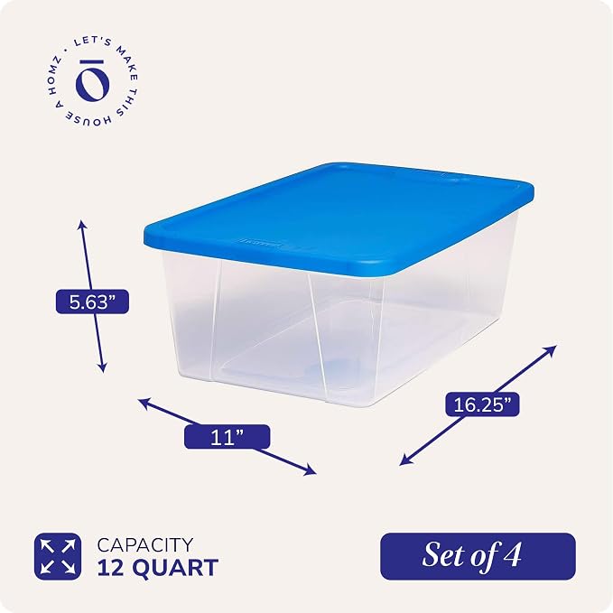 HOMZ 4-Pack Snaplock, Small Clear Plastic Storage Organizer Bins w/Lids, 12 Quart, Blue - Stackable Container Boxes for Bedroom, Bathroom, Garage, and Office Organization - Image 4