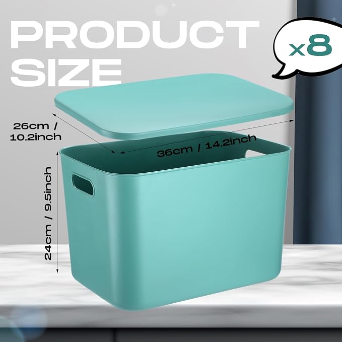 8 Pack Storage Bins, 14.2 X 10.2 X 9.5 Inch Green | Plastic Stackable Containers with Lid Handle, For Shelves Desktop Playroom Office, Organizing Toys Books Supplies Storage - Image 2
