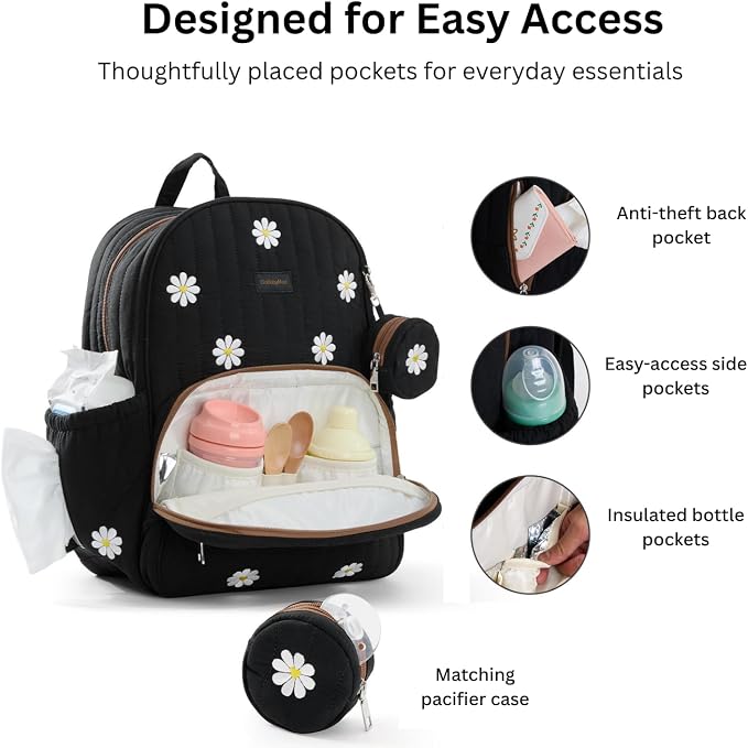 Large Diaper Bag Backpack with Changing Pad, Insulated Bottle Pockets, Travel & Hospital Bag for Mom & Dad (Large - Black Flowers) - Image 2