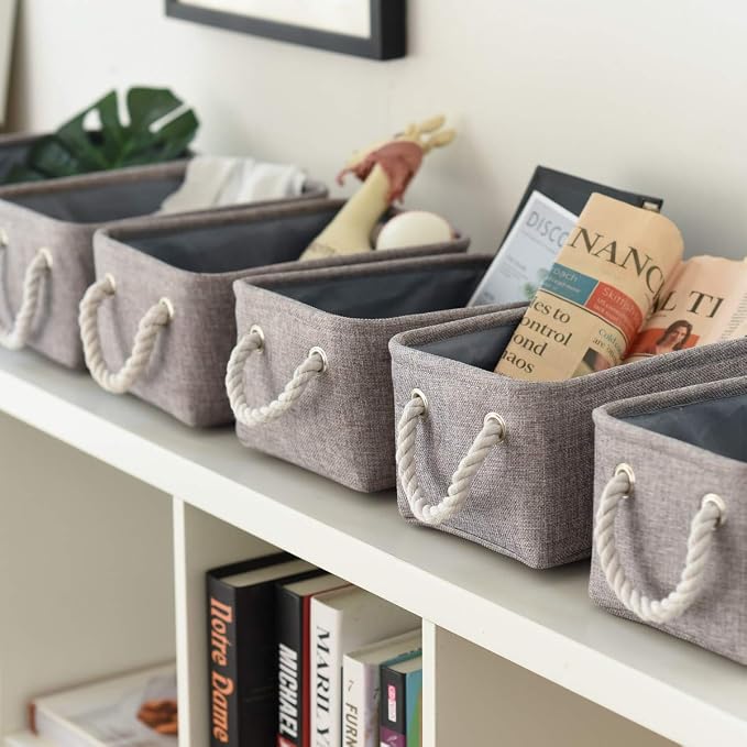 Foldable Small Storage Baskets with Strong Cotton Rope Handles [6-Pack] Gray Collapsible Storage Bins Set Works Room Storage, Nursery Baskets - Image 4