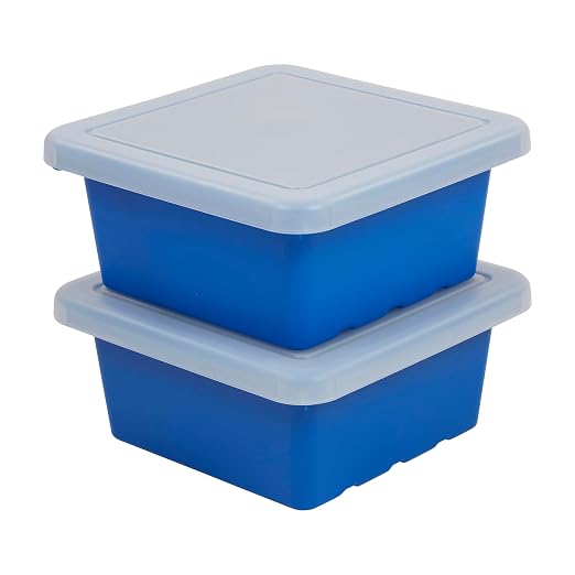 ECR4Kids Stackable Square Bins with Non-Snap Lids, Multipurpose Organization, Blue, 2-Pack by ECR4Kids