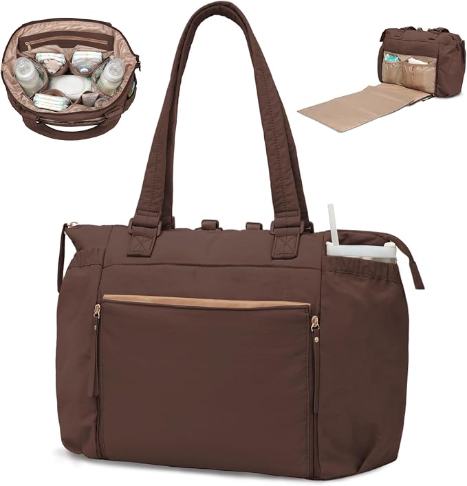 MOMINSIDE Diaper Bag Tote with Changing Station Convertible Diaper Bag Backpack Tote pañaleras para bebe Large Baby Bag, Hospital Bag Mommy Bag Travel Diaper Bag for Mom, 16 Pockets, Dark Brown by MOMINSIDE
