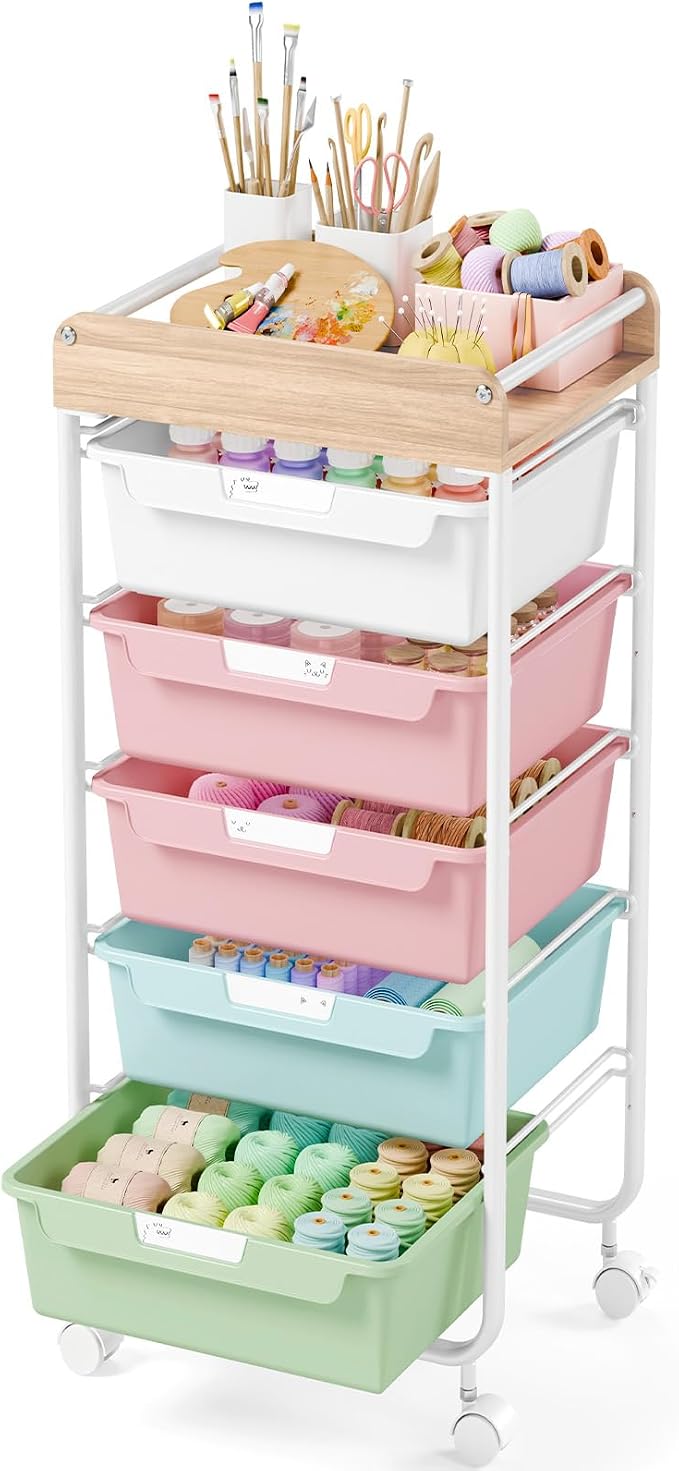 SYKIARIOL Rolling Storage Utility Cart with 5 Drawers,Colorful | Craft Cart with Wheels,Makeup Organizer,Art Supply And Storage Wooden Tabletop by SYKIARIOL