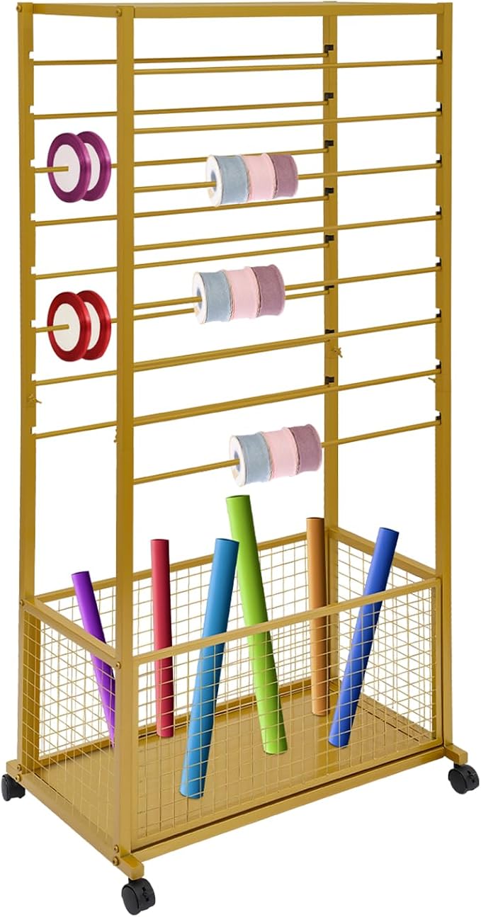 Ribbon Holder Organizer Rack, Double-Sided 16-Layer Ribbon Shelf with Wheel | Ribbon Display Rack, Multifunctional Metal Flower Wrapping Paper Storage Stand for Craft Room Flower Shop, Gold by LifeFirstChoice-Blisiour
