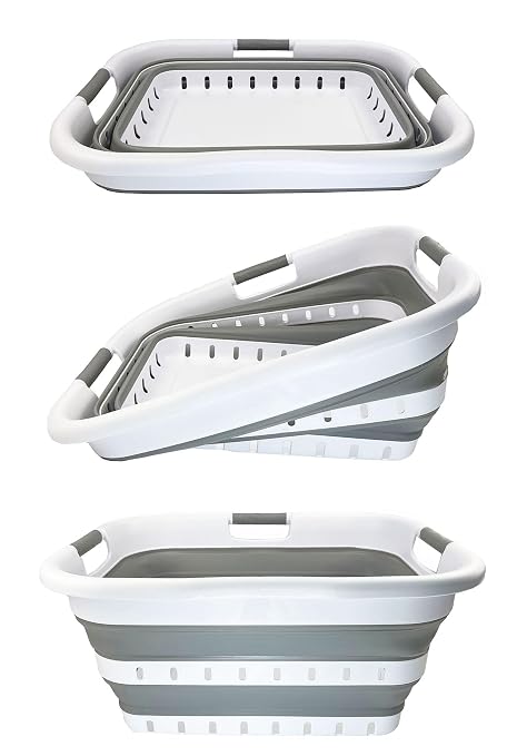 SAMMART 41L (10.8 Gallons) Collapsible 3 Handled Plastic Laundry Basket - Foldable Pop Up Storage Container/Organizer - Space Saving Hamper/Basket (1, White/Grey) - Image 6