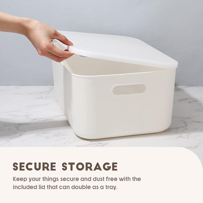 8 Pieces White Plastic Storage Bins with Lids, Stackable Storage baskets with Handle Containers Box for Shelves Drawers Desktop Playroom Classroom Office Organization(14 x 10.5 x 6.5 Inches) - Image 4