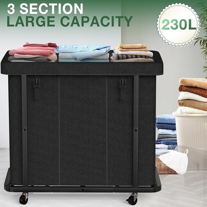 Laundry Basket with Lid,230L Rolling Laundry Hamper with Wheels,Black | Dirty Clothes Hamper with Metal Frame and Removable Bag Design, Suitable for Laundry Room, Bedroom (3 Section) - Image 2