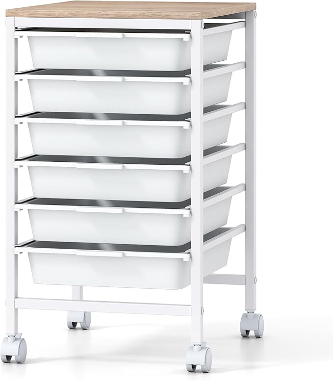 Giantex Rolling Storage Cart with 6 Drawers, Utility Cart w/Wooden Tabletop, Lockable Wheels, Multipurpose Organizer for Art Craft Books Paper, Drawer Carts for Dorm Classroom Office, White by Giantex