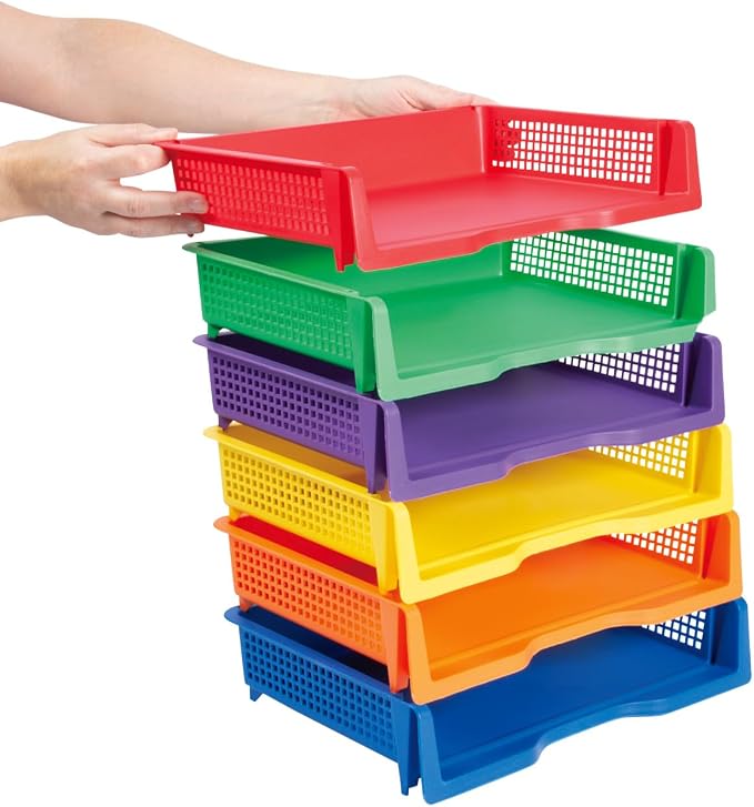 Fun Express Paper Organizer Stackable Plastic Trays 6 Pack | Colorful Desktop Organization System, Classroom & Office, Letter Size Paper Storage Bins, Teachers, Students & Home Use - Image 2