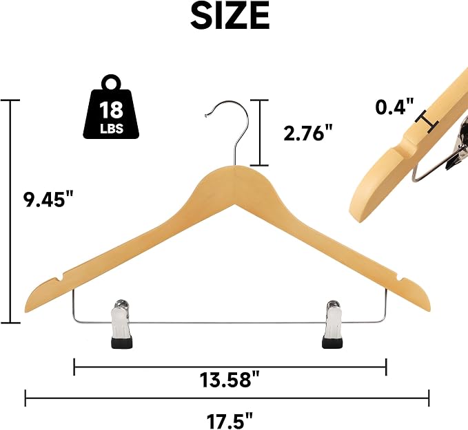 Wooden Hangers with Adjustable Metal Clips, 12-Pack, Natural | Solid Wood Hangers with 360° Rotatable Hook for Skirt, Dress, Coats, Jacket and Pants, Space-Saving and Non-Slip Design - Image 2