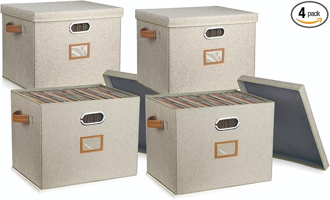12-Inch Vinyl Record Storage Boxes with Lids and Handles, Stylish and Practical LP Record Organizer for 100+ Single Records, Suitable for Living Room, Study, Concert Hall or Office (Beige, 17"-4 Pack) by LuKeline
