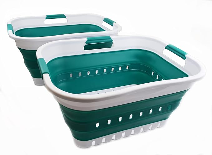 SAMMART Set of 2-30L (8 gallon) Collapsible Plastic Laundry Basket - Foldable Pop Up Storage Container/Organizer - Space Saving Hamper/Basket (2, White/Dark Green) - Image 4