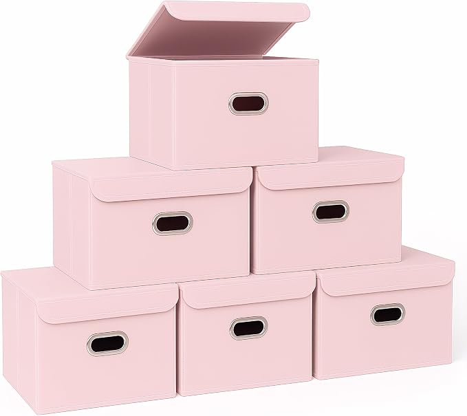 STOREONE Fabric Storage Cube Bins Foldable Organizer Container Collapsible Basket with Lids and Metal Handles, for Home, Bedroom, Closet 6 Pcs (multicolour-light pink) by STOREONE